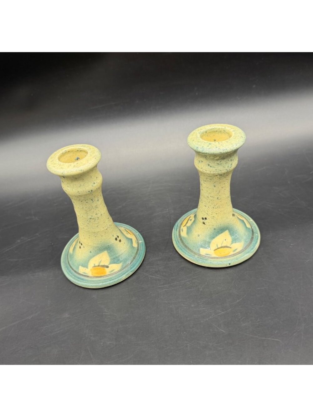 Vintage Floral Candle Holders Green Beige Hand Painted Ceramic Splatter Glaze